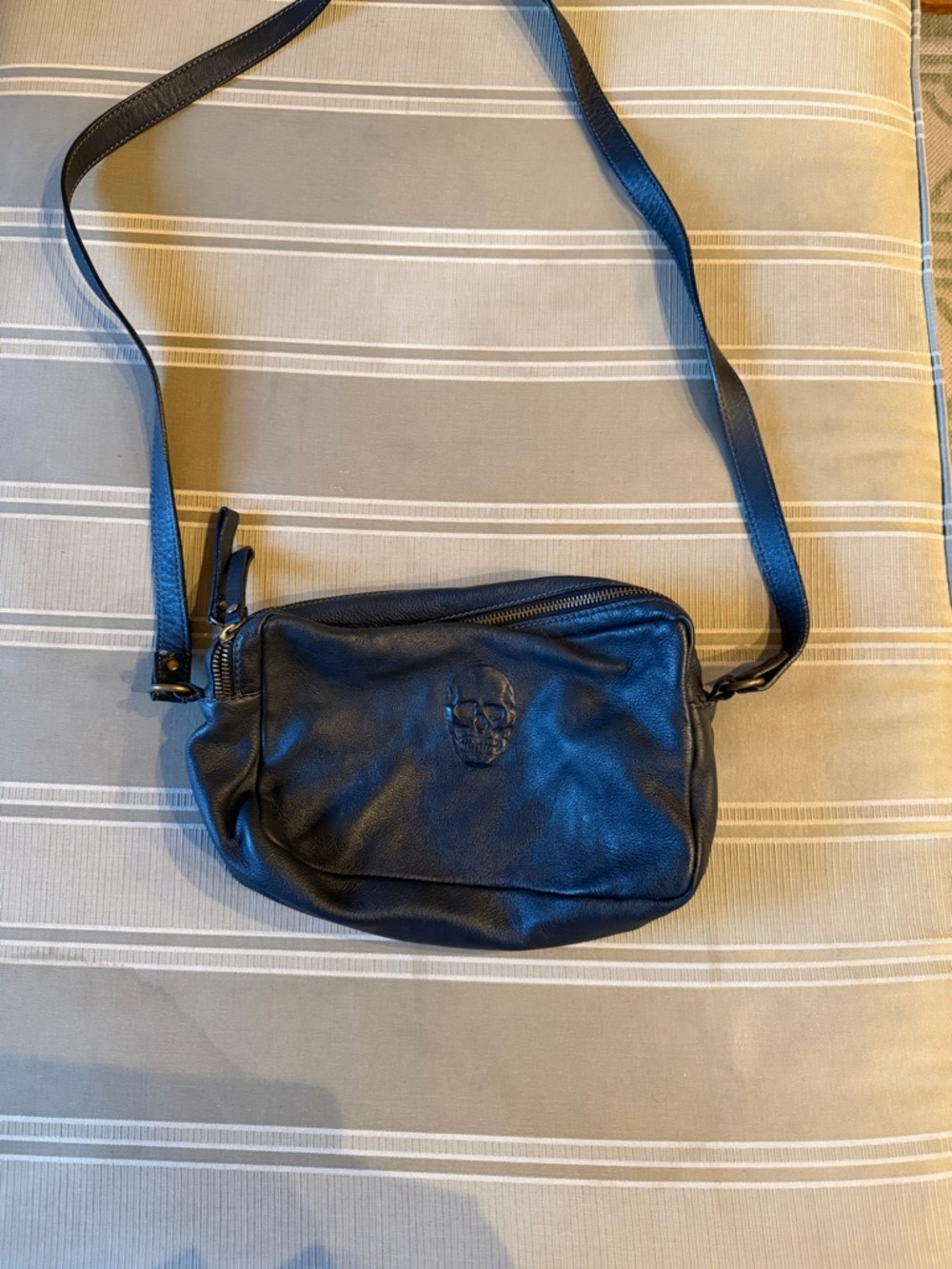 Io Pelle Blue Leather  Crossbody Bag with Embossed Skull Accent